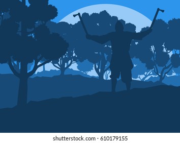 Warrior medieval fighter in dark forest trees landscape vector background