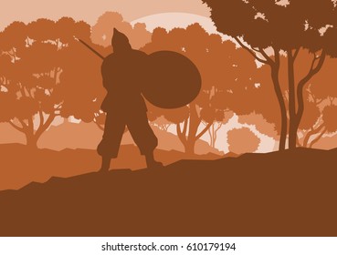 Warrior medieval fighter in dark forest trees landscape vector background