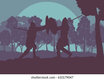 Warrior medieval fighter duel forest trees landscape vector background