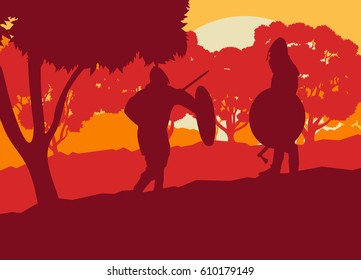 Warrior medieval fighter duel forest trees landscape vector background