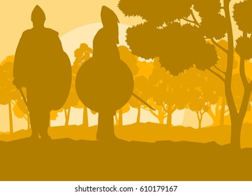Warrior medieval fighter duel forest trees landscape vector background