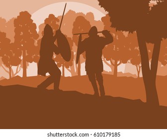 Warrior medieval fighter duel forest trees landscape vector background