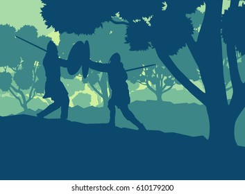 Warrior medieval fighter duel forest trees landscape vector background