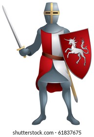 Warrior, Medieval knight in armor with the sword and heraldic unicorn on the shield in vector, military uniform