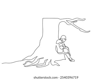 warrior medieval man nature tree resting thinking life one line art design vector