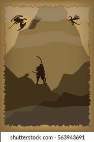 Warrior at the old paper in mountains and dragons, mobile background
