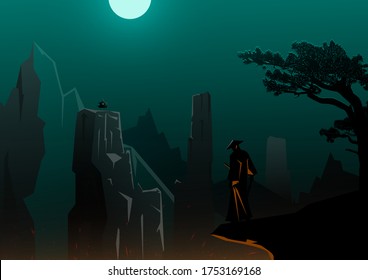 Warrior on the hilltop, Samurai on the mountain at night, Moon in dark sky, Vector design.