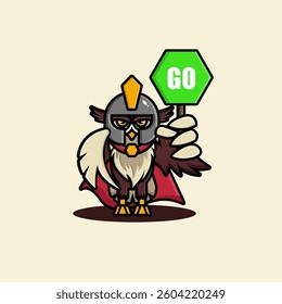 Warrior owl mascot in a helmet and cape holding a green 'GO' sign, symbolizing motivation, approval, and action in a bold cartoon style.