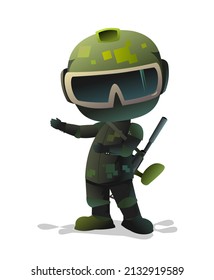 Warrior Paintball Player Invites. Comic Funny Character. Helmet, Mask And Uniform. Isolated On White Background. Vector.