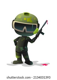 Warrior Paintball Player. Soldier Of Fortune. Paint Dripping. Comic Funny Character. Helmet, Mask And Uniform. Isolated On White Background. Vector.