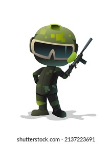 Warrior Paintball Player. Soldier Of Fortune. Comic Funny Character. Helmet, Mask And Uniform. Isolated On White Background. Vector.