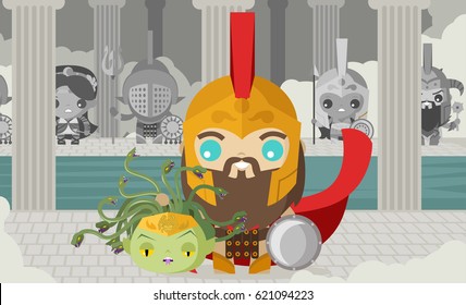 warrior perseus cute holding medusa gorgon head on lair