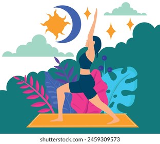 Warrior pose 1. A girl does yoga on a corvica, against the backdrop of nature with the symbolic sun and moon. Colorful, bright illustration for decoration.