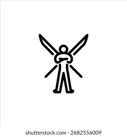 warrior pose with double sword outline icon. figure warrior line art illustration.
