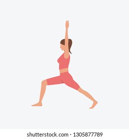 Warrior pose with hands holding up flat icon. Yogi, girl, woman. Yoga concept. Can be used for topics like fitness, active lifestyle, sport