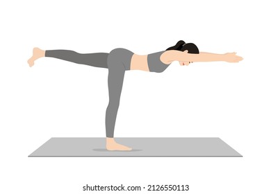 Warrior Pose III. Beautiful girl practice Virabhadrasana III. Young attractive woman practicing yoga exercise. working out, black wearing sportswear, grey pants and top, indoor full length, calmness