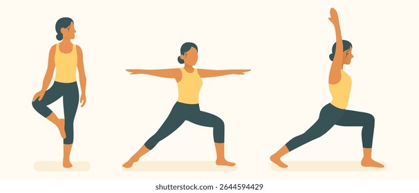Warrior pose set icon. Woman standing in lunge with arms raised. Strength, flexibility, focus, balance used in dynamic yoga flow or physical training.
