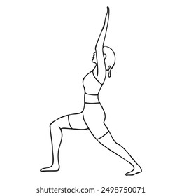 Warrior pose, Virabhadrasana I. Linear drawing of a girl in a yoga pose. Vector illustration