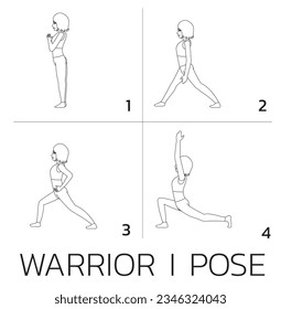 Warrior I Pose Yoga Manga Tutorial How Cartoon Vector Illustration Black and White Coloring