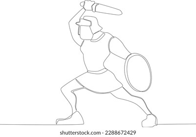 A warrior practicing with a sword. Ancient warrior one-line drawing