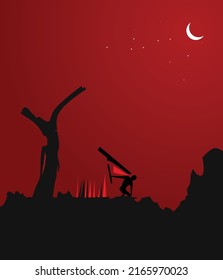Warrior protects the tree at night. A true hero landscape and vector design. Red and black color design. Vector illustration design for mugs, cups, prints, posters, t-shirts, etc