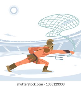 Warrior retiarius Gladiator in the arena with a grid and a Trident. Side view. Vector isolated illustration. Flat cartoon style.