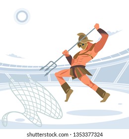 Warrior retiarius Gladiator in the arena with a grid and a Trident jumps on the caught enemy. Vector isolated illustration. Flat cartoon style.