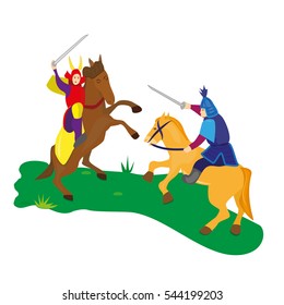 Warrior Riding Horse with Sword. Ancient Battle. Vector 