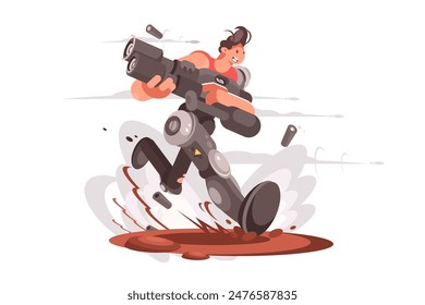 Warrior Running with Cannon, vector illustration. Soldier on battlefield.