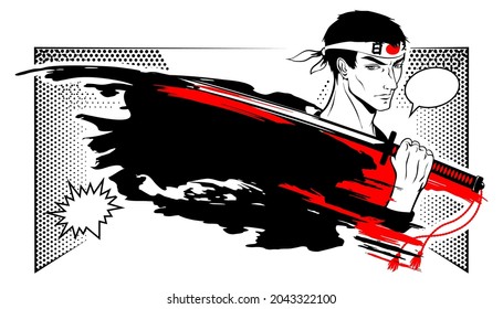 Warrior, a samurai holds a katana on his shoulder. Manga style illustration. Vector image on a white background.