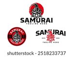 warrior, samurai, ronin, ninja with helmet, armor, demon mask, sun background logo design illustration collection with retro and badge style for gaming, sport club mascot and merchandise designs