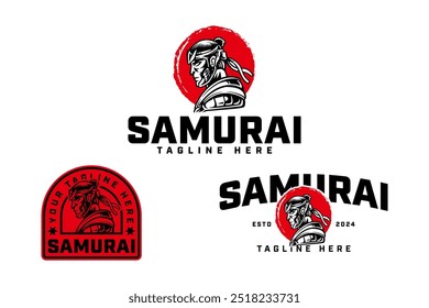 guerreiro, samurai, ronin, ninja com capacete, armadura e vermelho sol fundo logotipo design ilustração coleção com estilo retro e emblema para jogos, esporte clube mascote e projetos de mercadorias