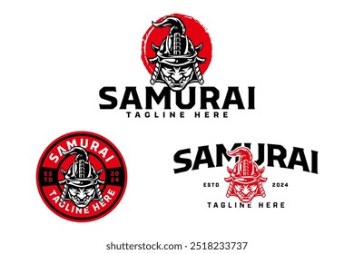 warrior, samurai, ronin, ninja with helmet, armor, demon mask, sun background logo design illustration collection with retro and badge style for gaming, sport club mascot and merchandise designs