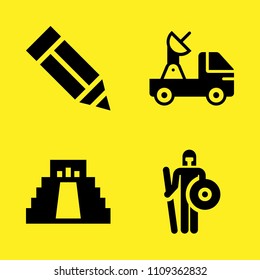 warrior, satellite, pencil and chichen itza vector icon set. Sample icons set for web and graphic design