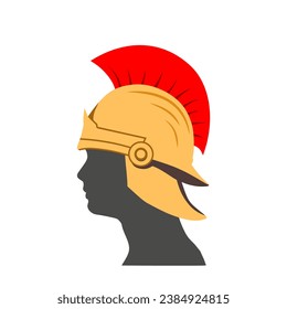 Warrior side view. Greek Helmet, Antiques Roman helmet for head protection soldiers with a crest of feathers or horsehair with slits for the eyes and mouth