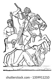 Guerrero sentado a caballo y golpeando al oponente con javelin, dibujo vintage o ilustración grabadora.