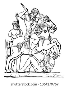 Warrior sitting on horseback and hitting opponent with javelin. The horse's front legs are in the air, vintage line drawing or engraving illustration.