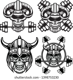 Warrior skull head viking with crossed gym dumble vector sets 