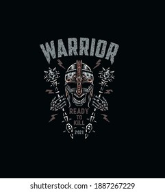 Warrior skull, t shirt graphic design, hand drawn line style with digital color, vector illustration