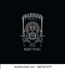 Warrior skull, t shirt graphic design, hand drawn line style with digital color, vector illustration