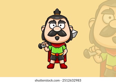 Guerrero sonriendo mientras sostiene una espada, diseñado en un estilo lindo y de dibujos animados.