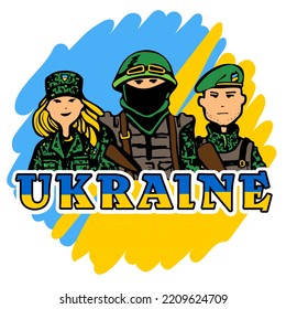 Warrior and soldier on the background of the flag of Ukraine
