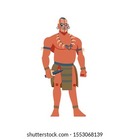 Warrior of South America, Mayan, Aztec or Inca. A strong aboriginal warrior with a knife Cartoon, flat vector illustration isolated in white background.