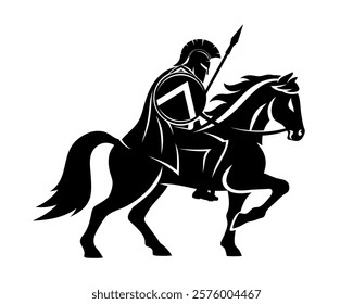 Warrior with spear and shield riding a horse on white background.