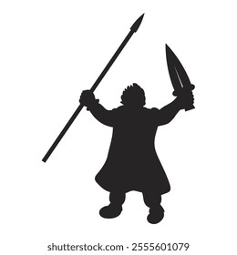 Warrior with Spear and Sword Silhouette Vector. The figure is depicted in a dynamic and triumphant pose, wearing a tunic. The image exudes a sense of strength, power, and combat readiness.