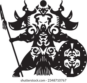 Warrior spearman. Art is stylized for a carved ornament of paper, traditional folk decorative art, based on paper cutting.