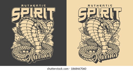 Warrior spirit japanese vintage emblem with poisonous snake and beautiful sakura flowers isolated vector illustration