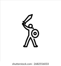 warrior standing with sword and shield outline icon. figure warrior line art illustration.