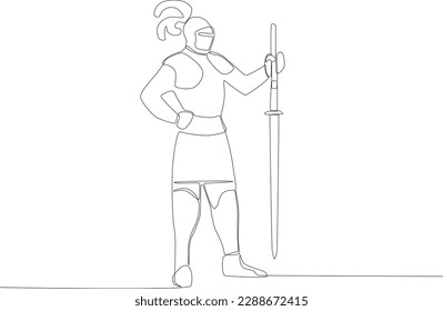 A warrior stood up brandishing a sword downwards. Ancient warrior one-line drawing