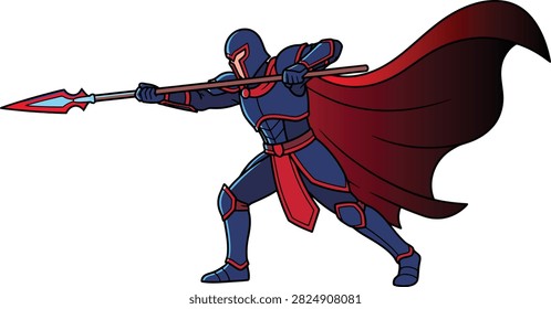 Warrior superhero knight with spear and cape fantasy character vector illustration isolated background